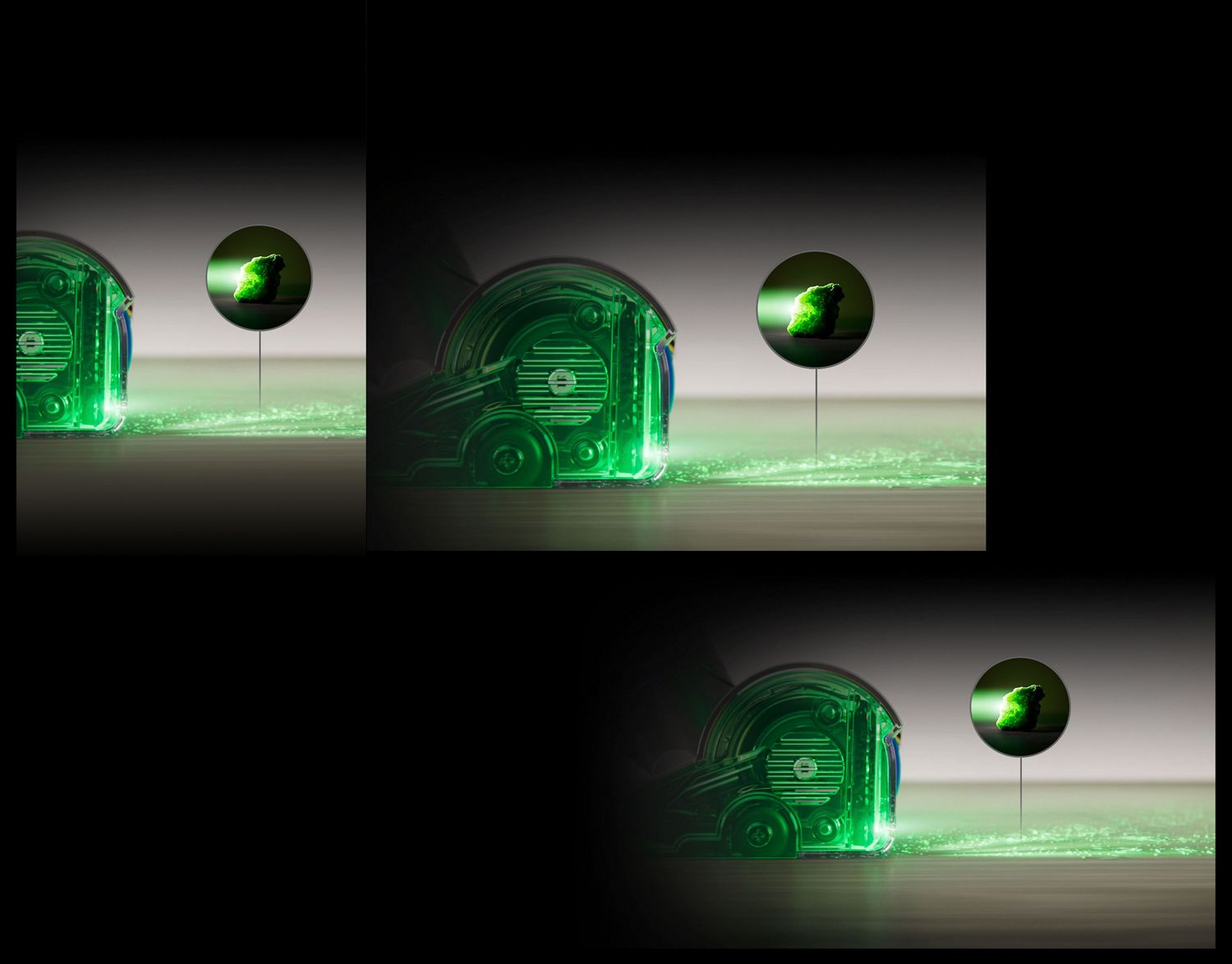 Side view of vacuum with fluorescent green light going through the cleaner head and out onto the floor.